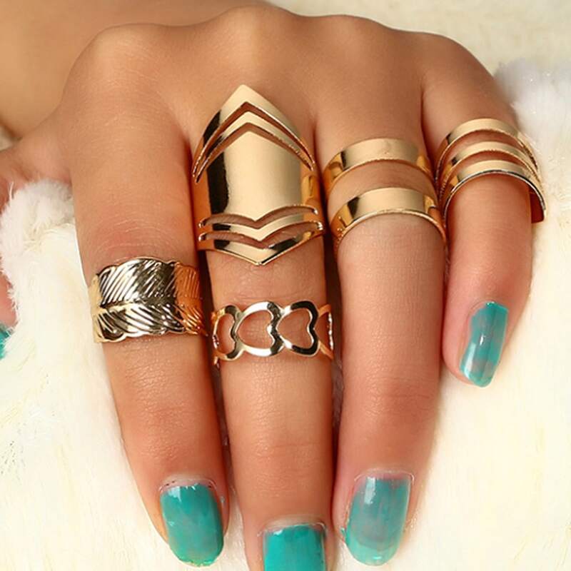 

5pcs Hollow Heart & Leaf Ring, Gold