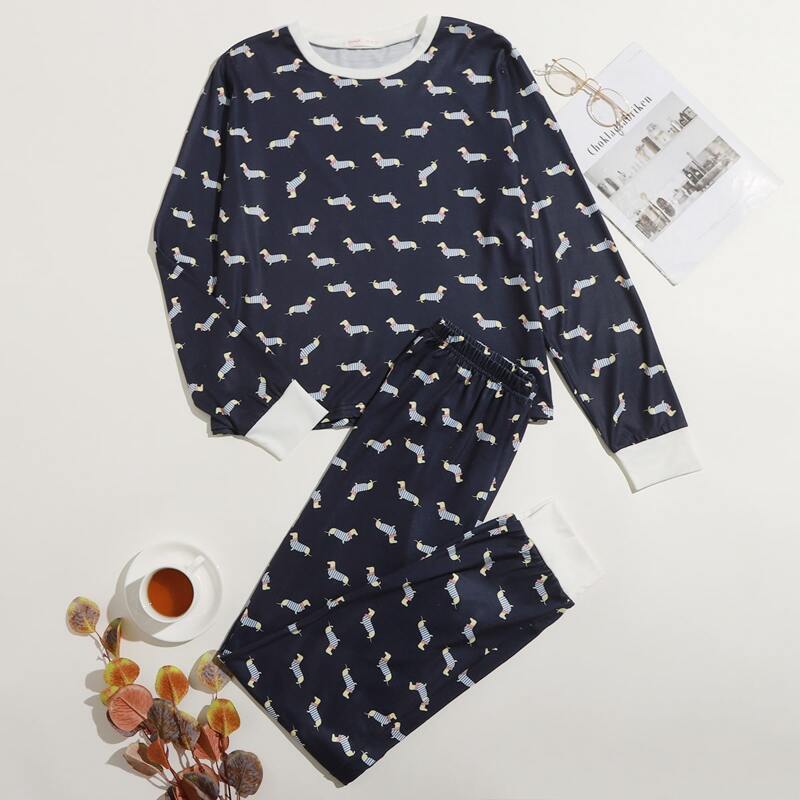 

Cartoon Graphic Contrast Binding PJ Set, Navy blue