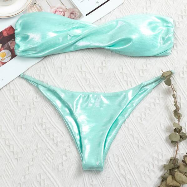 

Metallic Twist Bandeau Thong Bikini Swimsuit, Teal blue