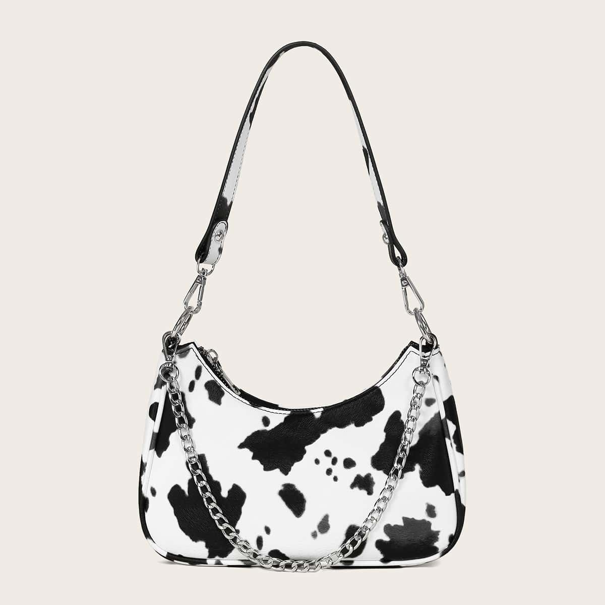 

Cow Print Baguette Bag, Black and white