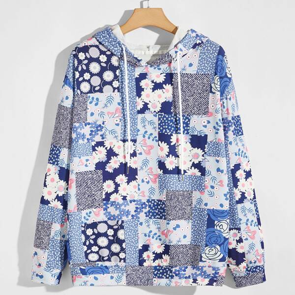 

Men Floral Patchwork Drawstring Hoodie, Multicolor