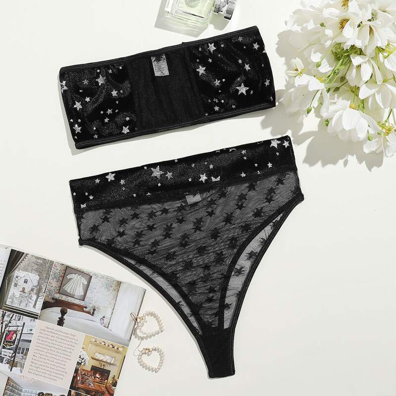 

Star Print Sheer Mesh Lingerie Set, Black