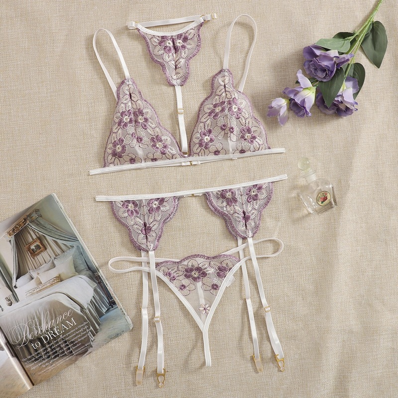 

Floral Embroidery Garter Lingerie Set, Mauve purple