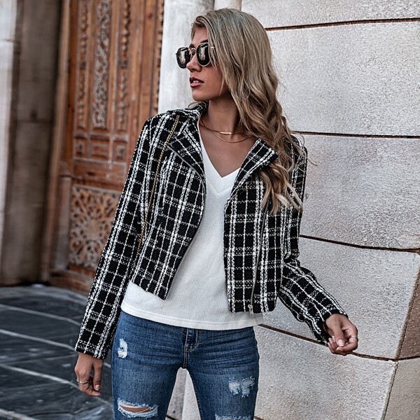 

Plaid Zip Up Tweed Jacket, Black