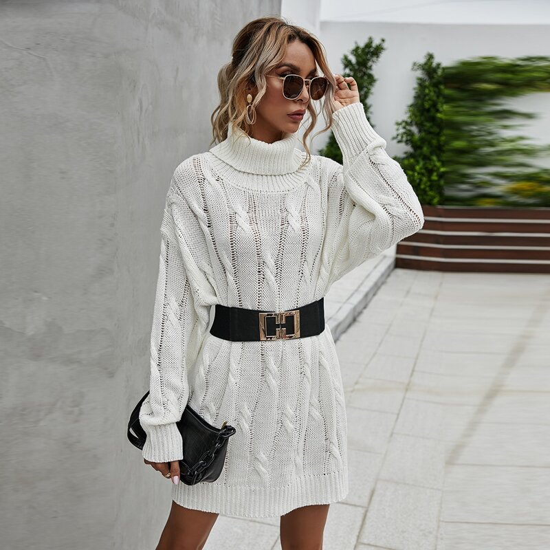 

Turtleneck Cable Knit Sweater Dress Without Belt, White