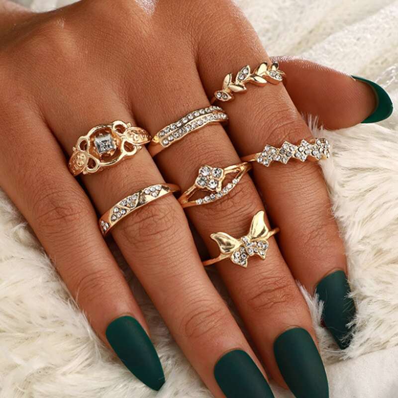 

7pcs Rhinestone Butterfly Ring, Gold