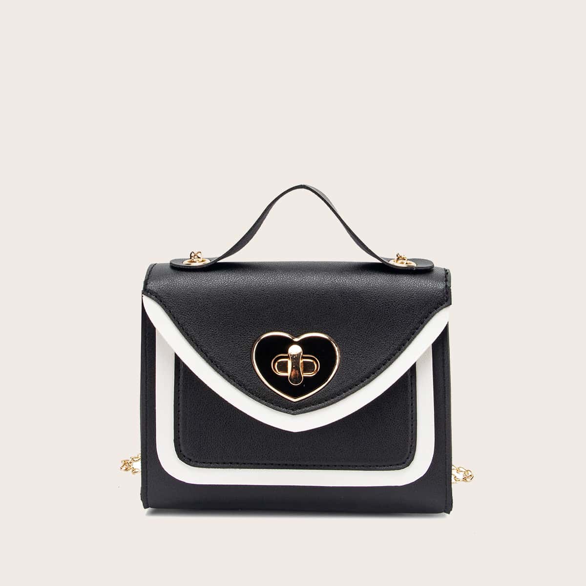 

Turn-Lock Contrast Piping Satchel Bag, Black