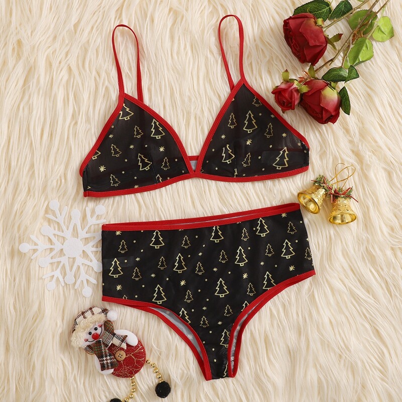 

Christmas Tree Graphic Contrast Binding Lingerie Set, Black