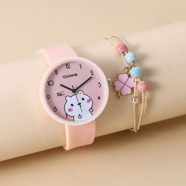 

2pcs Kids Cartoon Silicone Quartz Watch With Bracelet Set