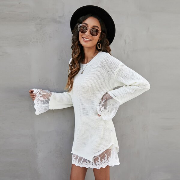 

Lace Trim Drop Shoulder Mini Sweater Dress, White