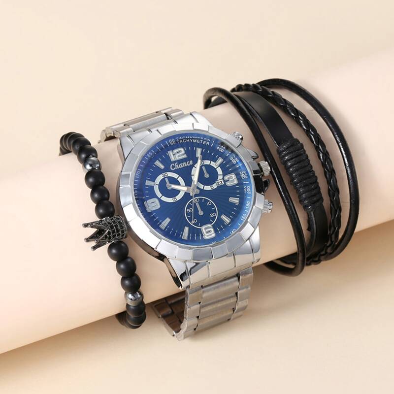 

3pcs Guys Round Pointer Quartz Watch With Bracelet Set