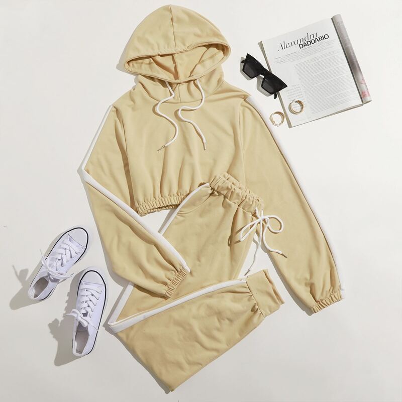 

Contrast Tape Drawstring Hoodie & Sweatpants, Khaki