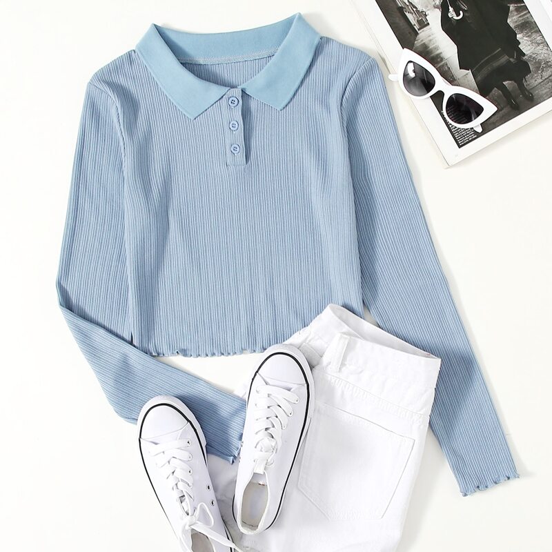 

Polo Neck Rib Tee, Dusty blue