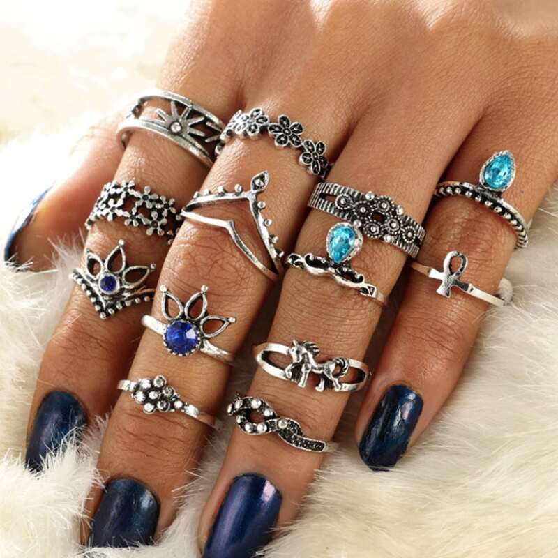 

13pcs Rhinestone Floral Ring, Silver