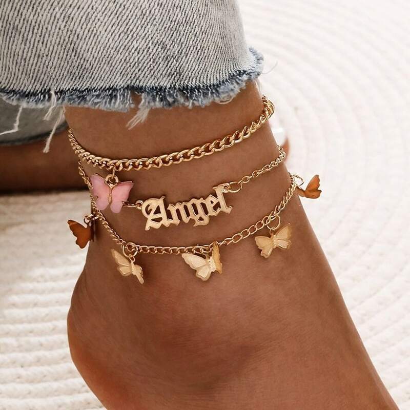 

3pcs Butterfly & Letter Chain Anklet, Gold