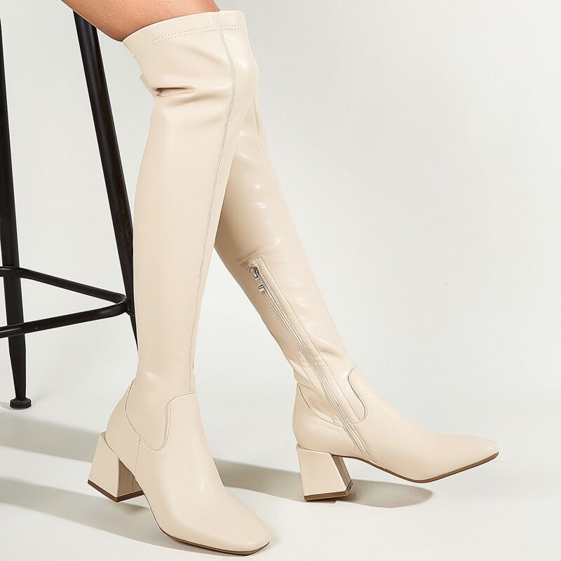 

Square Toe Chunky Heeled Over The Knee Boots, Apricot