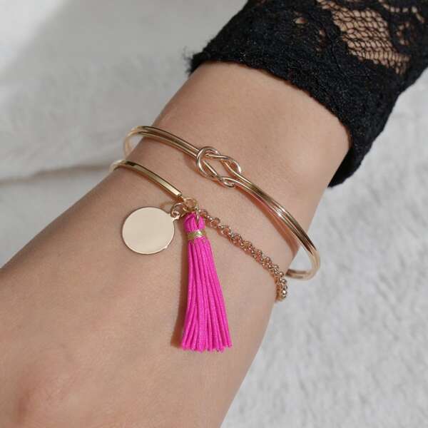 

2pcs Disc & Tassel Charm Bracelet, Multicolor