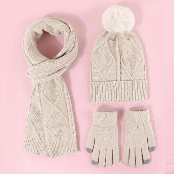 

1pc Pom-pom Decor Beanie & 1pc Scarf & 1pair Gloves, Beige