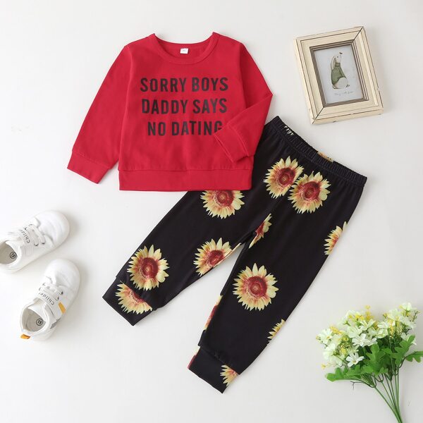 

Baby Girl Slogan Graphic Sweatshirt With Sunflower Print Sweatpants, Multicolor