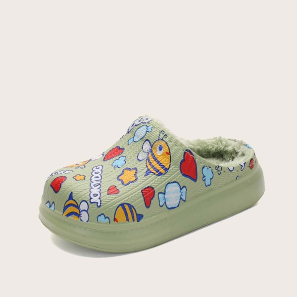 

Baby Boy Cartoon Graphic Fur Lined Slippers, Green