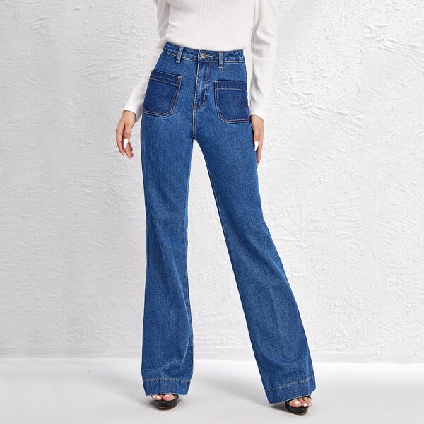 

High Waist Pocket Front Wide Leg Jeans, Medium wash