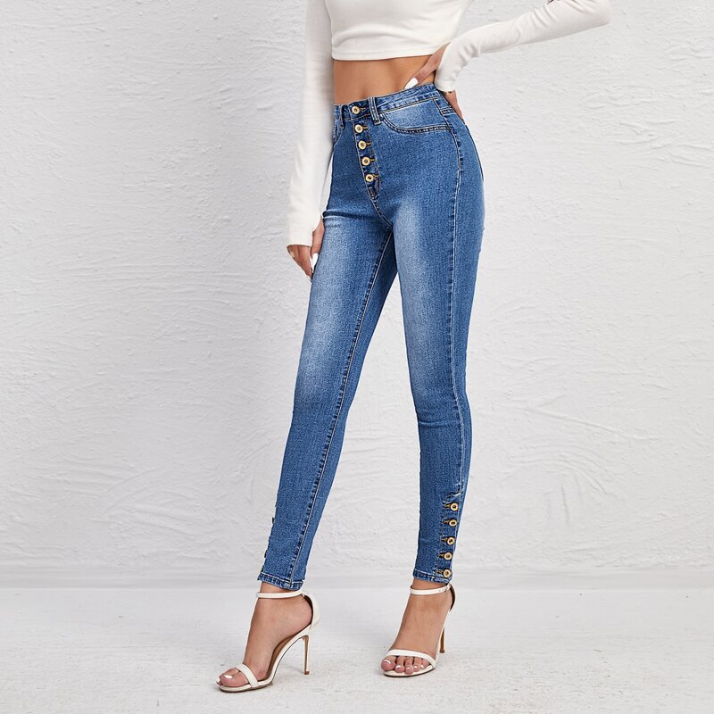 

High Waist Button Front Jeans, Medium wash