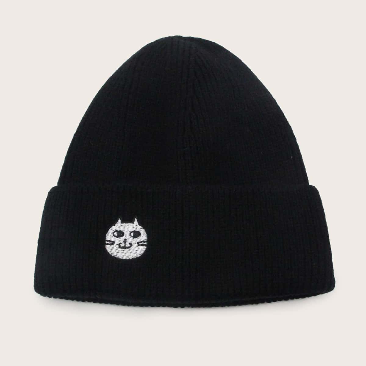 

Cartoon Cat Embroidered Beanie, Black