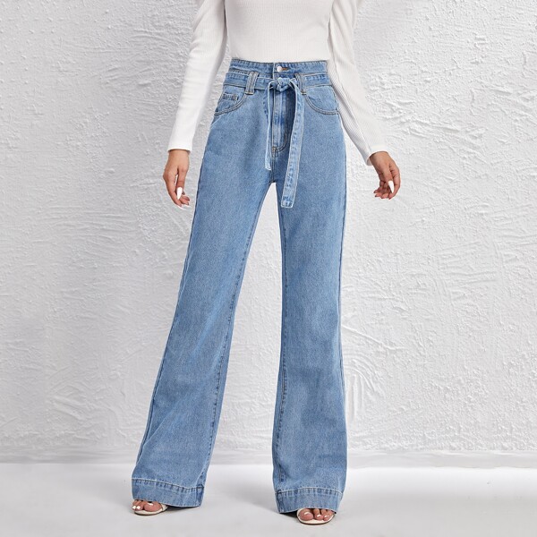 

High Waist Self Belted Flare Leg Jeans, Light wash