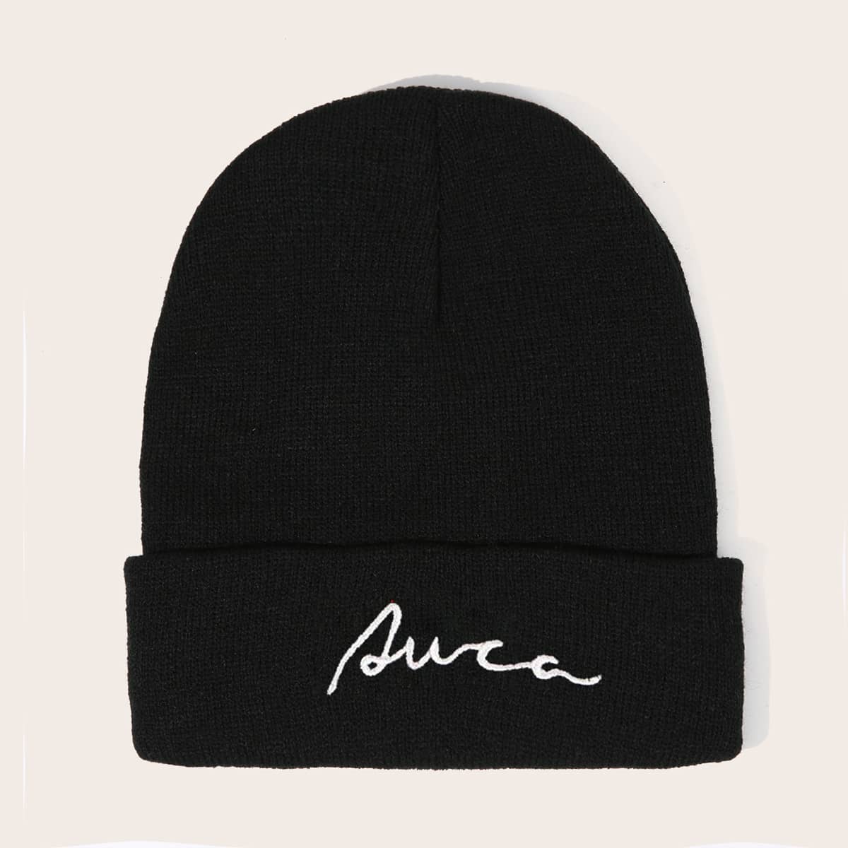 

Embroidery Decor Knitted Beanie, Black