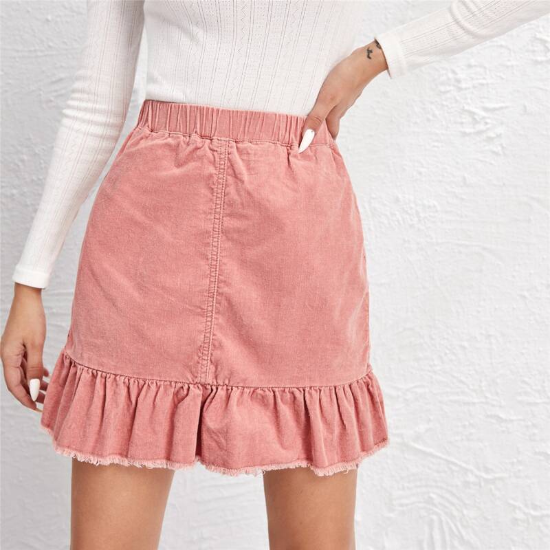 

Frayed Trim Ruffle Hem Cord Skirt, Pastel coral pink