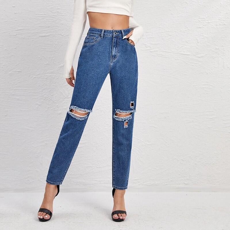 

High Waist Ripped Detail Mom Jeans, Medium wash