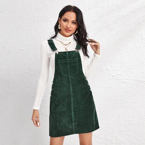

Pocket Front Cord Overall Dress, Dark green