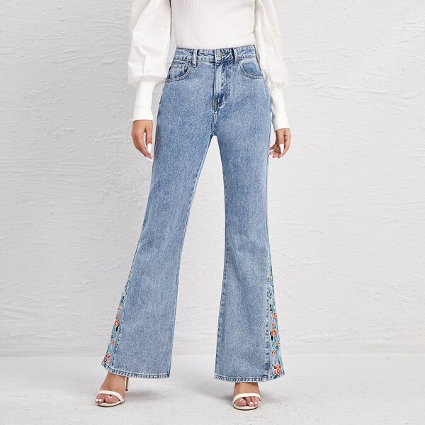 

High Waist Floral Embroidery Flare Leg Jeans, Light wash