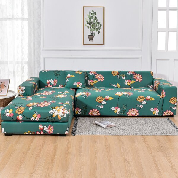 

Flower Print Stretchy Sofa Cover Without Cushion, Green