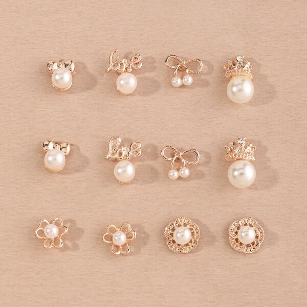 

6pairs Faux Pearl Decor Earrings, Gold