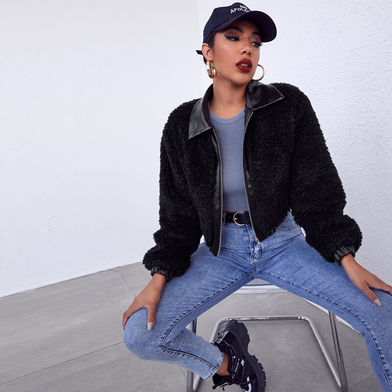 

Pocket Front Teddy Jacket, Black