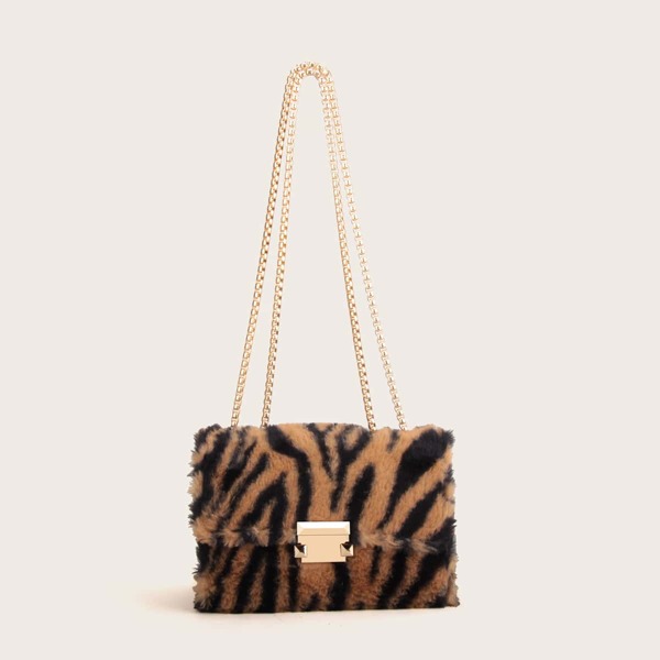 

Tiger Print Fluffy Shoulder Bag, Multicolor
