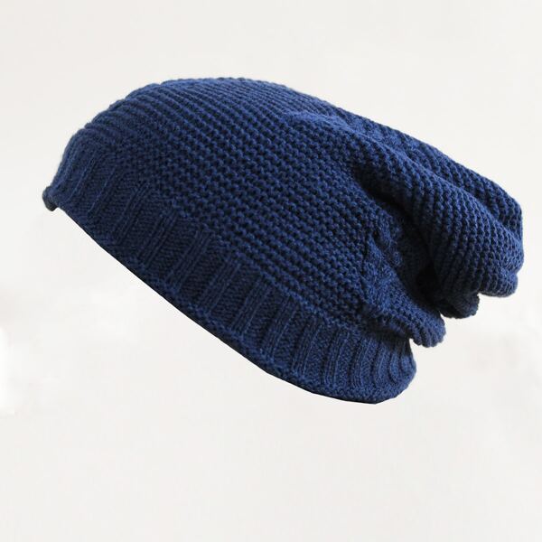

Men Solid Knitted Beanie, Navy blue