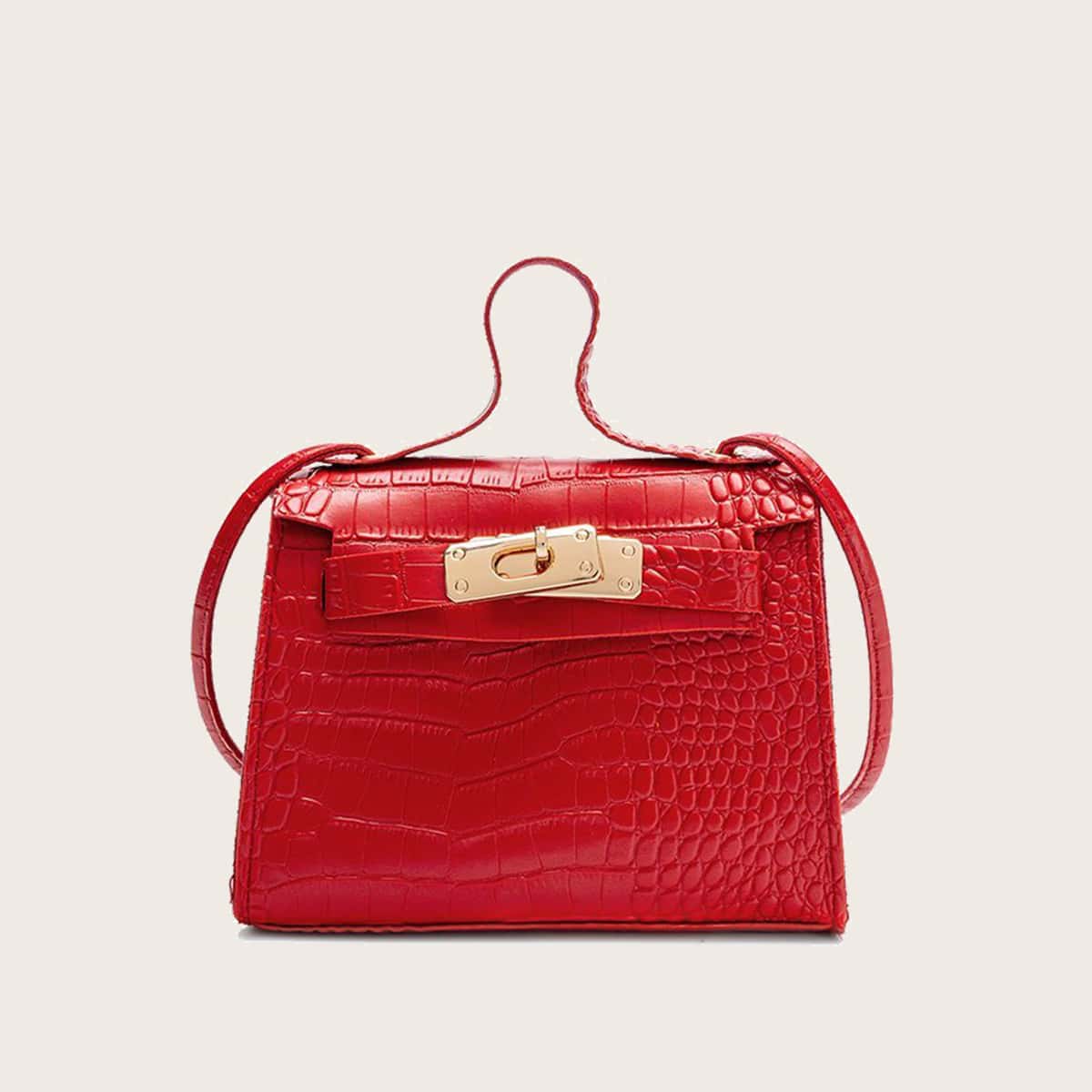 

Croc Embossed Satchel Bag, Red