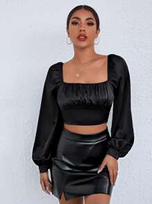 SHEIN BAE Top de satén corto de manga farol de busto con fruncido - Negro - Ver 4