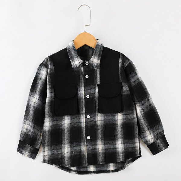 

Toddler Boys Plaid Print High Low Hem Button Front Coat, Black