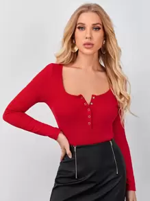 SHEIN EZwear 按壓紐扣合身上衣 - 紅色 - 查看 1