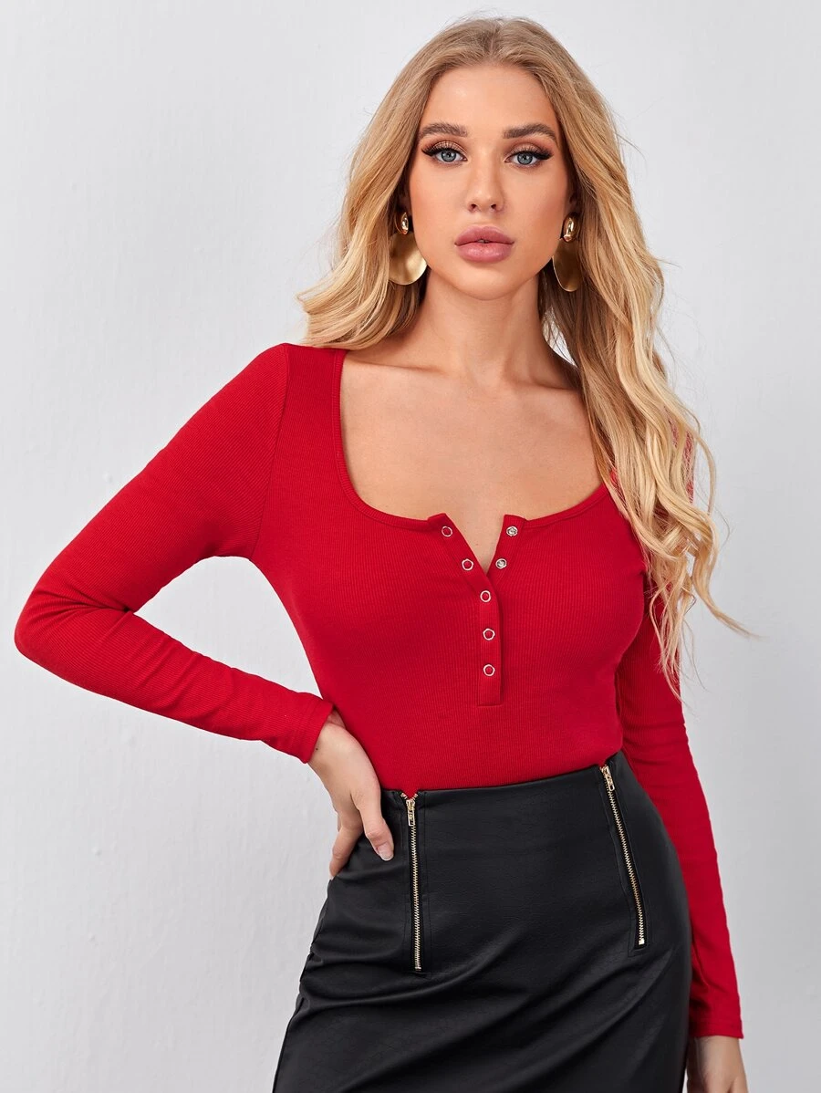 SHEIN EZwear 按壓紐扣合身上衣 - 紅色 - 查看 1