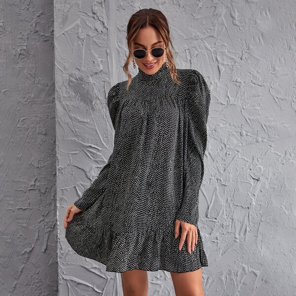 

Frill Neck Ruffle Hem Polka Dot Smock Dress, Black and white