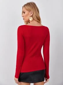 SHEIN EZwear 按壓紐扣合身上衣 - 紅色 - 查看 2