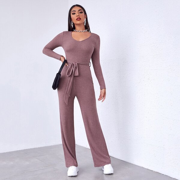 

V-neck Keyhole Back Belted Waffle Knit Jumpsuit, Redwood