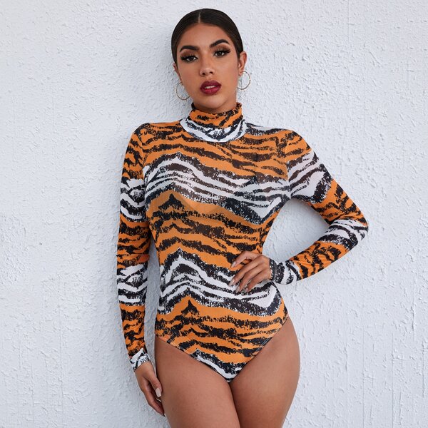 

Funnel Neck Tiger Striped Colorblock Sheer Mesh Bodysuit Without Bra, Multicolor