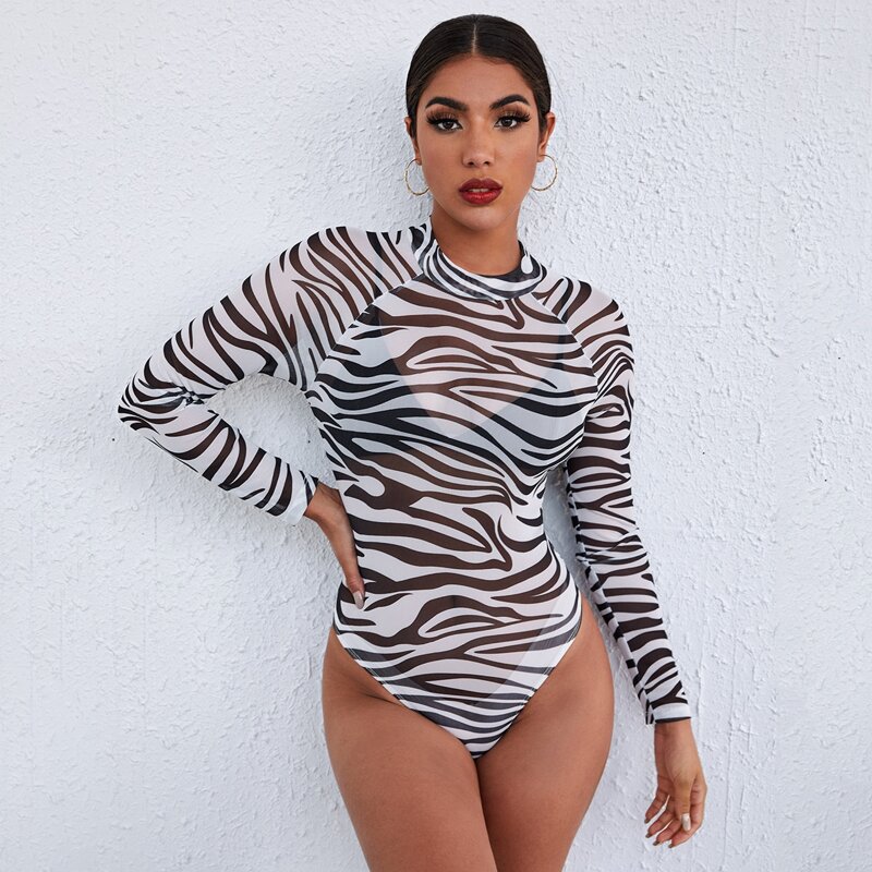 

Raglan Sleeve Zebra Striped Sheer Mesh Bodysuit Without Lingerie, Black and white