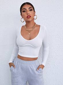 SHEIN Privé V Neck Solid Fitted Crop Tee - White - View 1