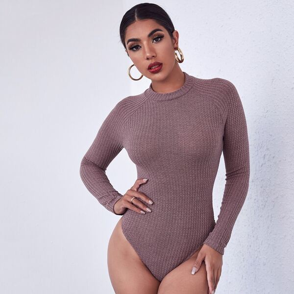 

Raglan Sleeve Waffle Knit Bodysuit, Redwood